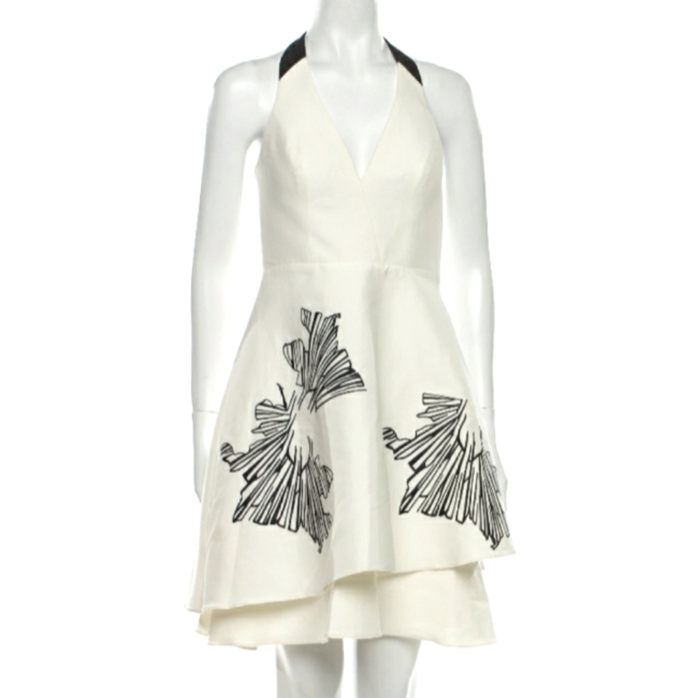 🌱 NWT Halston Heritage A-Line Printed Halter Mini Dress White Size XS/2 - Picture 1 of 12